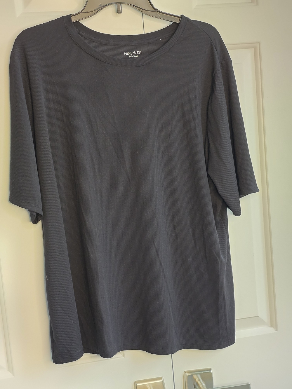 Women's Nine West Black Ribbed, Elbow Sleeve Crew Neck Top
